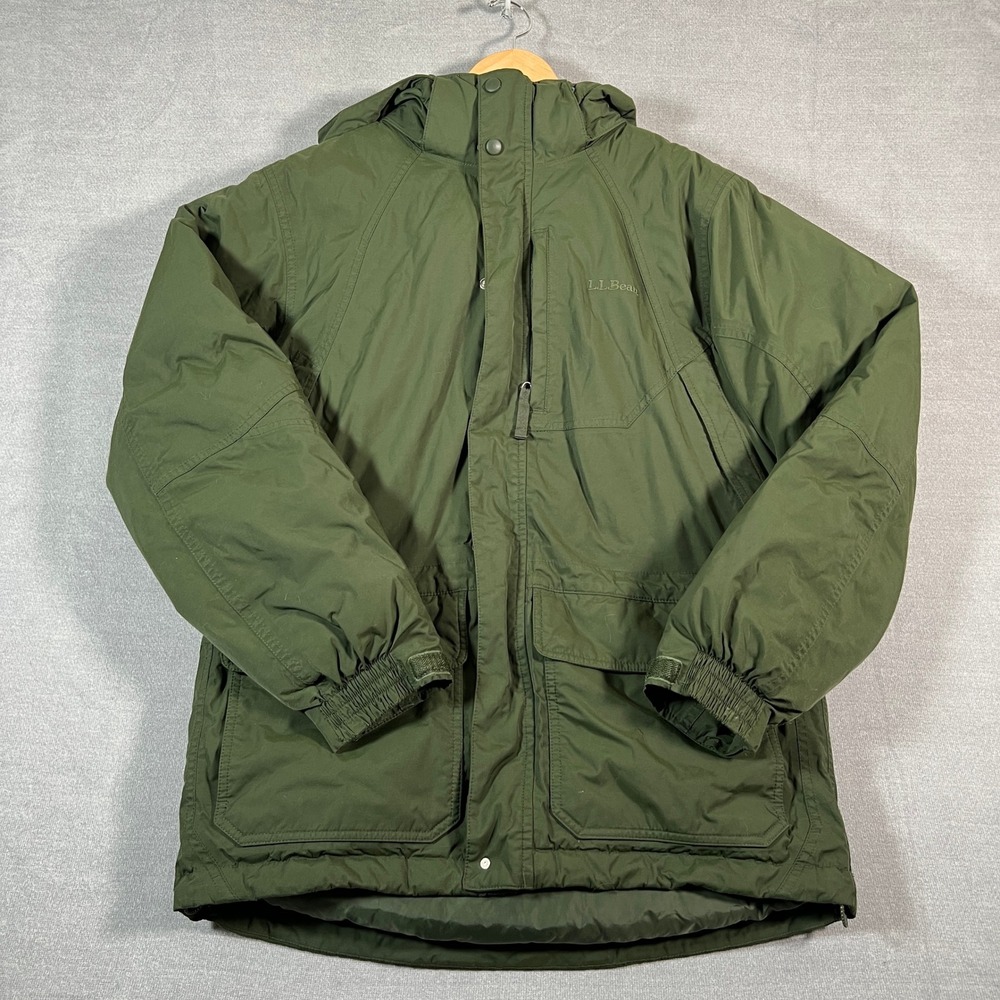LL Bean Goose Down Hooded Parka Coat Mens Size S Green Nylon